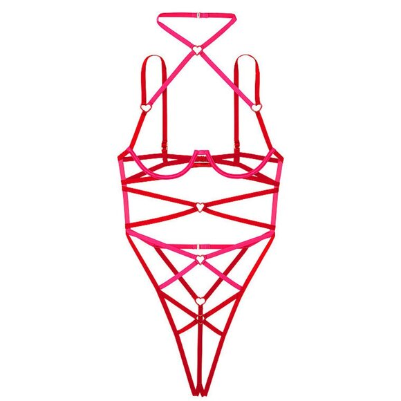 LARGE {Victoria's Secret} Red and Pink Hearts Strappy Bodysuit - Picture 8 of 8